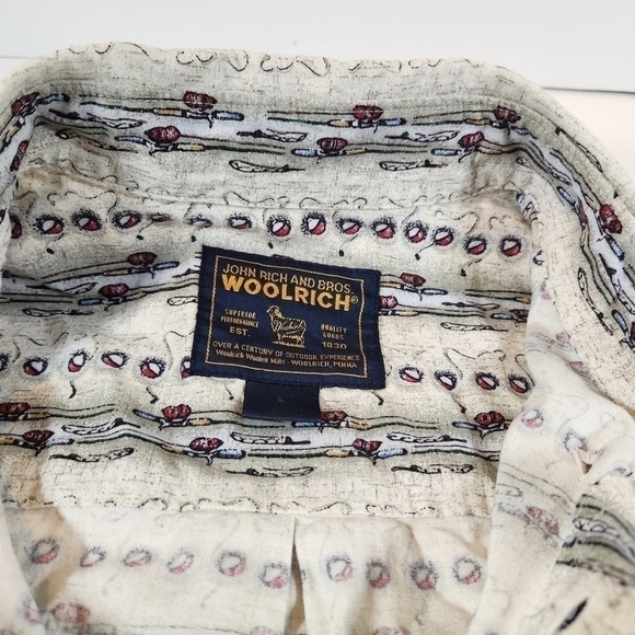 WOOLRICH Mens L Rod & Bouy Short Sleeve Button Down Camp Shirt Outdoor Fishing - Picture 4 of 8